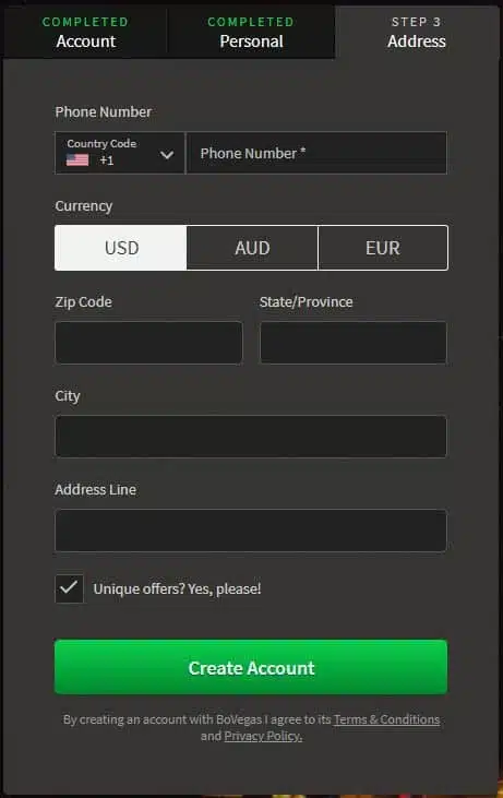 BoVegas Casino Registration Form - Step 3
