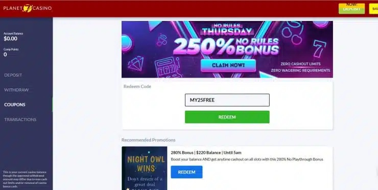 planet 7 casino bonus code entry