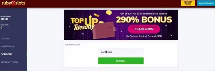 Ruby Slots Casino Bonus Codes Redeem Form