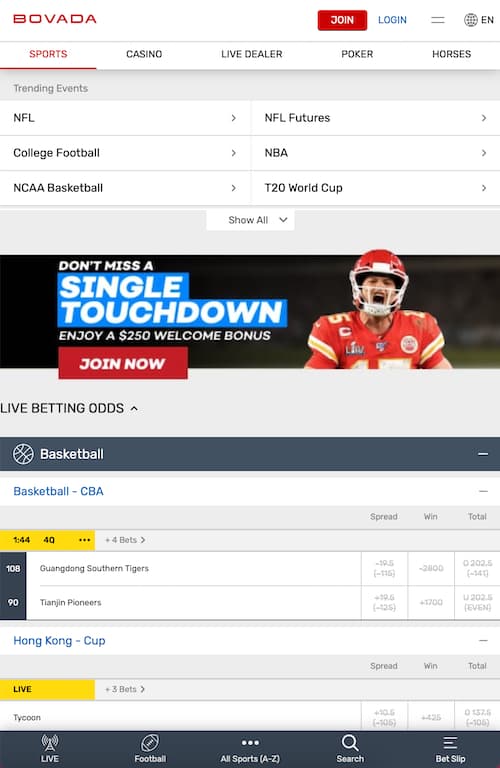 Bovada mobile homepage