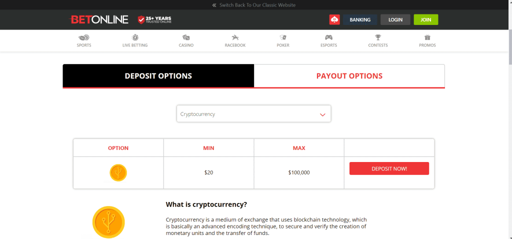 deposit 20$ in crypto with betonline