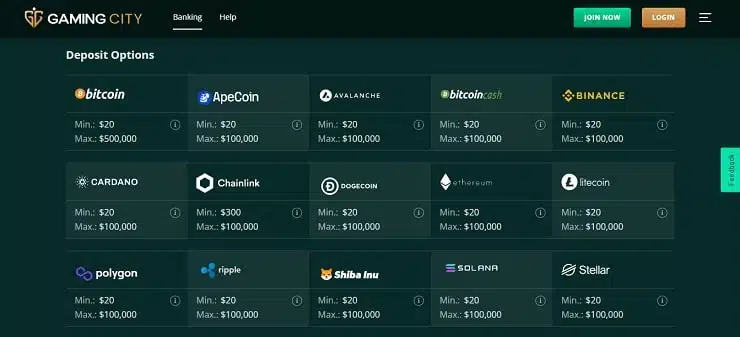 Gaming City Payment Methods