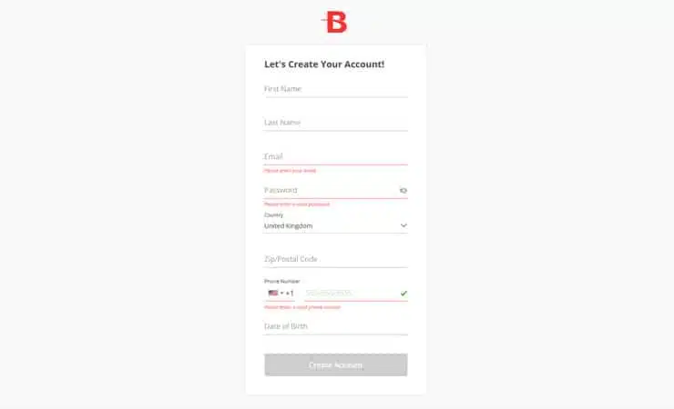 BetOnline registration form