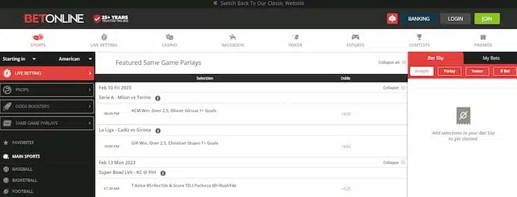 BetOnline same game parlays