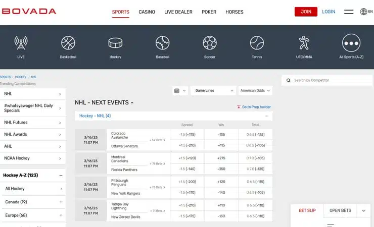 Bovada Odds NHL