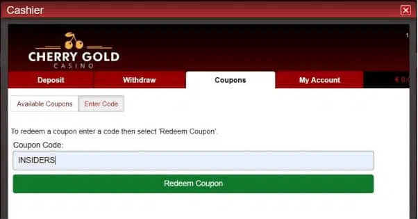 Cherry Gold Casino Bonus Codes Redeem Form