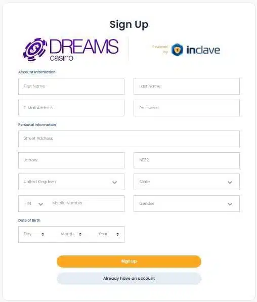 Dreams Casino Sign Up Form