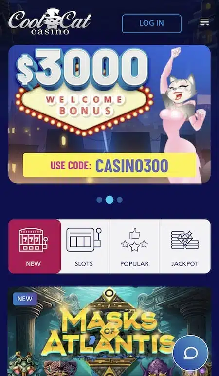 A screenshot of the CoolCat Casino mobile homepage