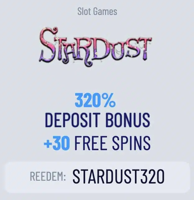 Screenshot of the box advert on the CoolCat Casino website for the Stardust deposit match and free spins offer