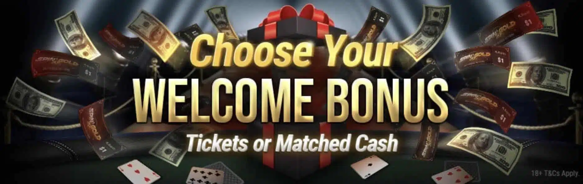 Screenshot of the banner ad for the welcome offer at GG Poker, highlighting that they offer bonus funds or tickets.