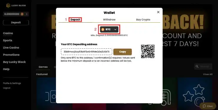 Make a deposit section in Lucky Block