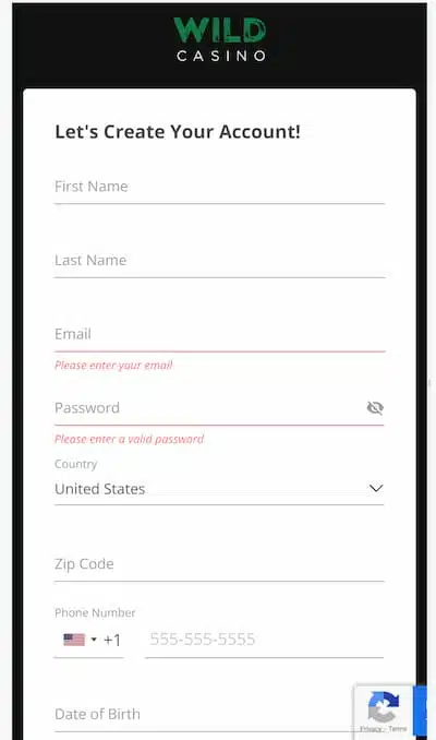 Wild Casino Create an account form app