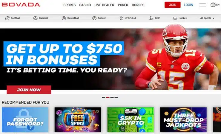 A screenshot of the Bovada online sportsbook homepage