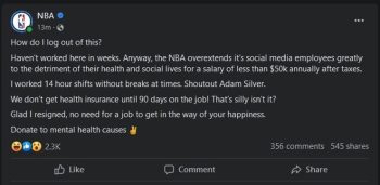 NBA Facebook Employee Blasts League I worked 14-hour shifts without breaks at times social media