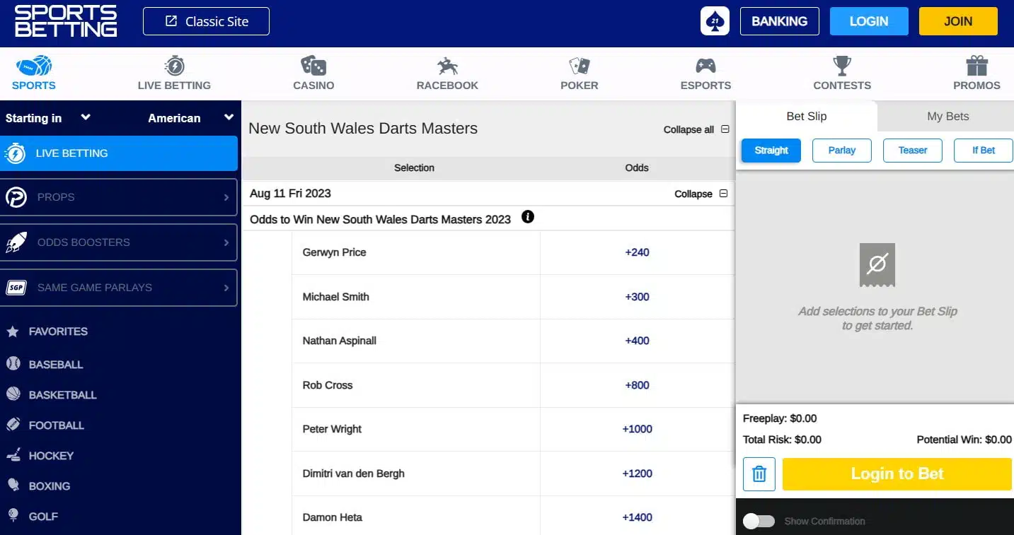 Darts Betting at SportsBetting.ag 