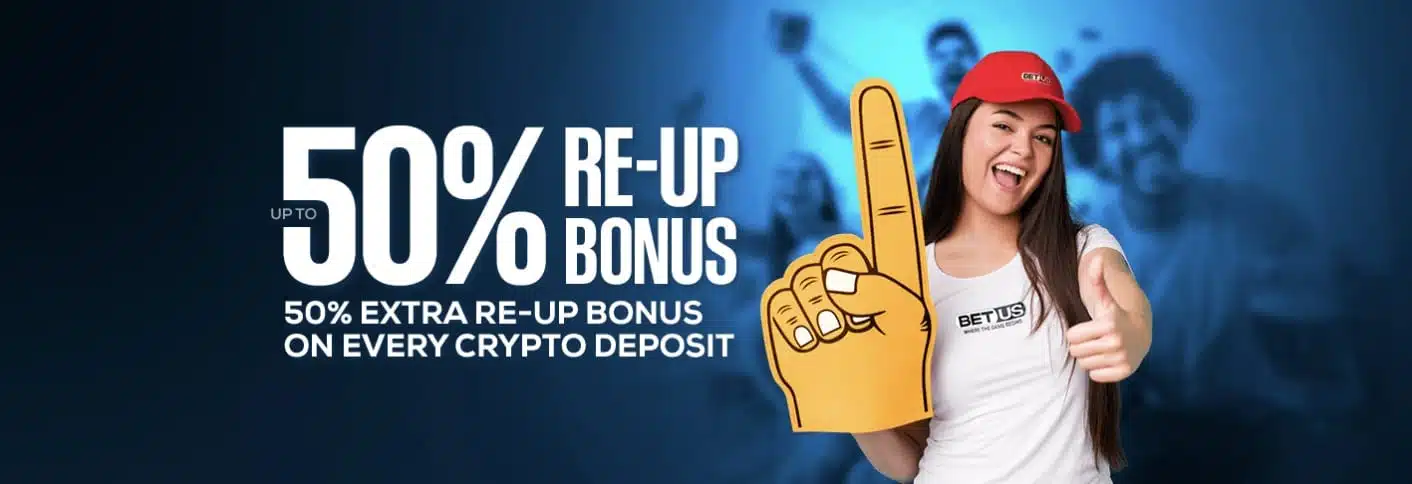 A screenshot of the banner ad for the 50% re-up bonus ta BetUS