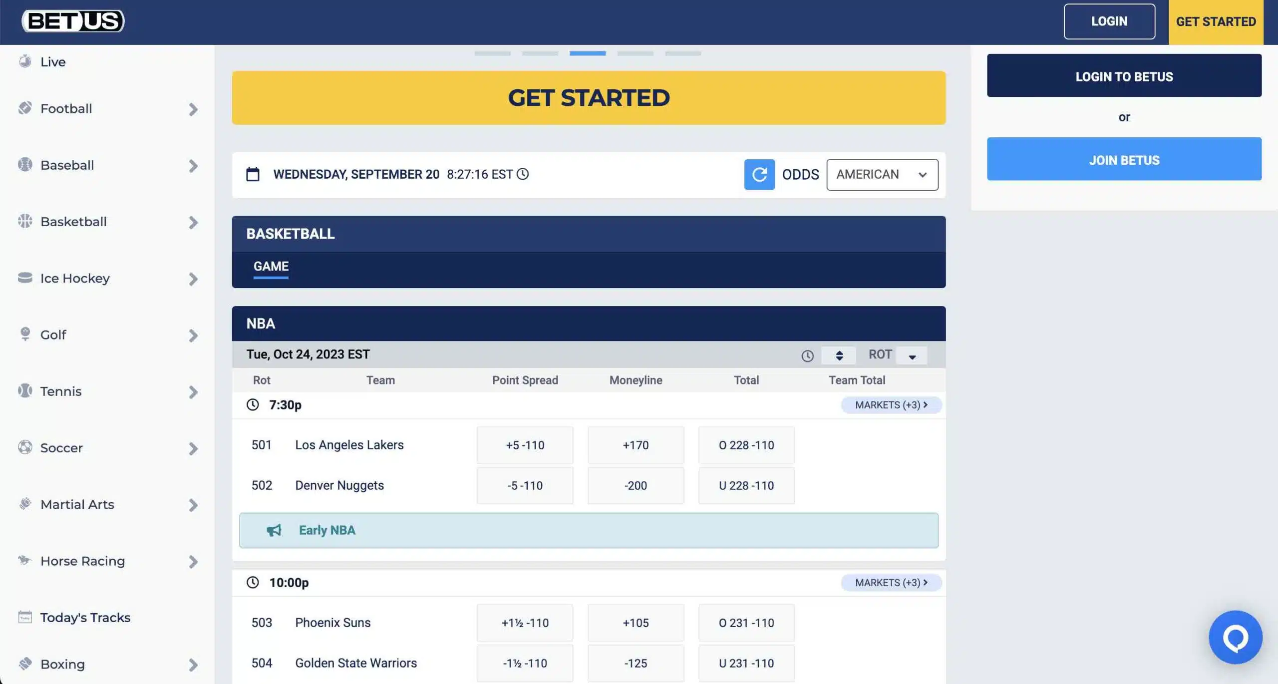 the best MO sports betting sites - a screenshot of some BetUS basketball odds