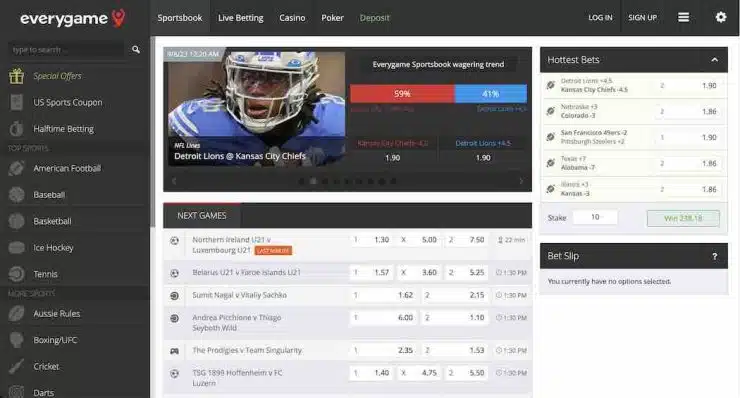 A screenshot of the Everygame sportsbook homepage