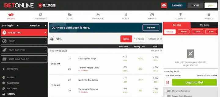 BetOnline NHL betting section