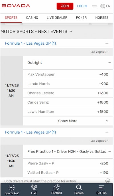 Bovada Formula 1 betting app