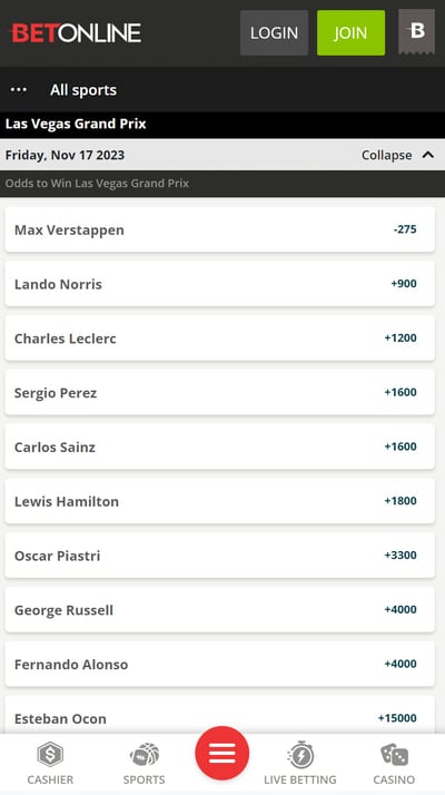 F1 Betting lines Betonline