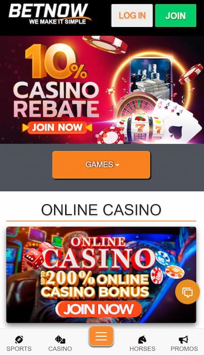 BetNow casino app homepage