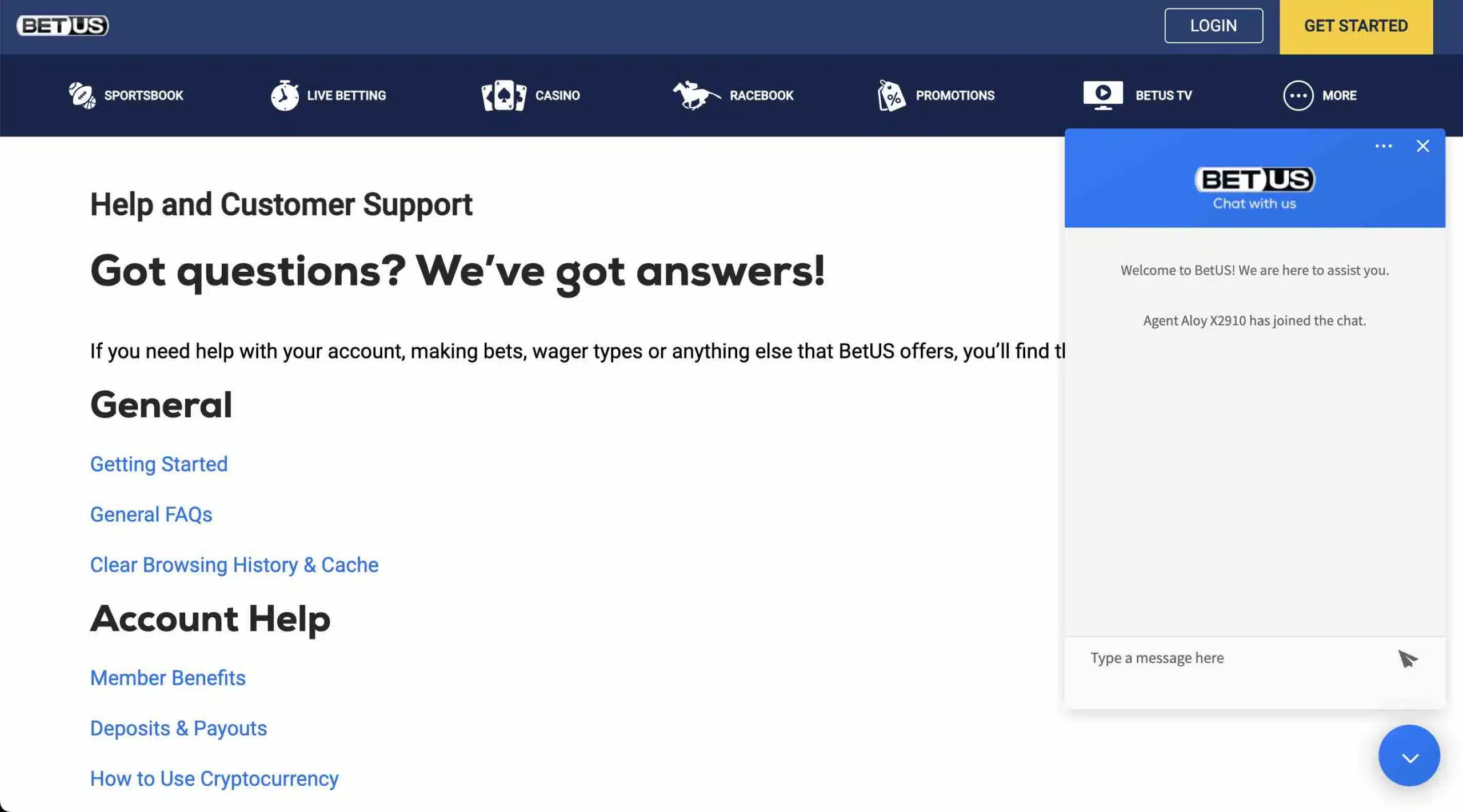 A screenshot of the help and customer support page at BetUS