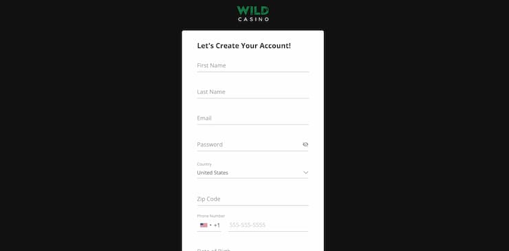 Wild Casino registration form 