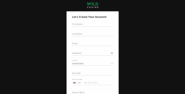 Wild Casino registration page