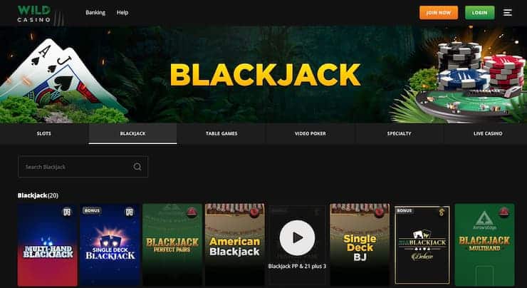 Wild Casino blackjack homepage