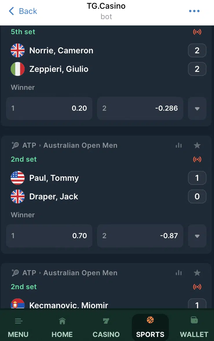 A screenshot of soccer betting options at the betting site TG Casino