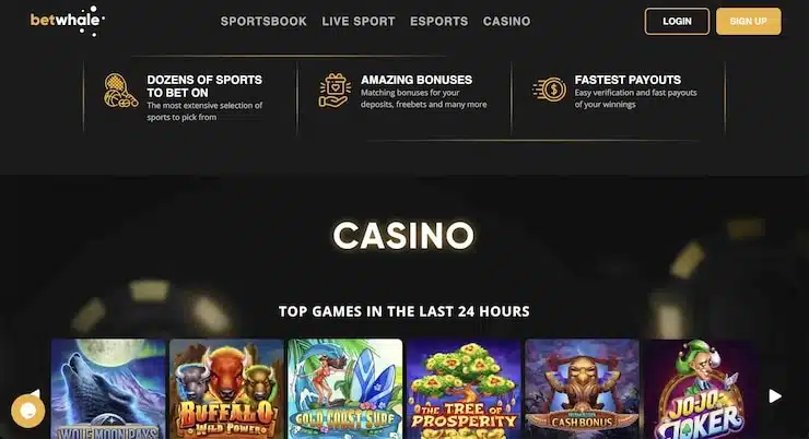 A screenshot of the homepage at the BetWhale gambling site