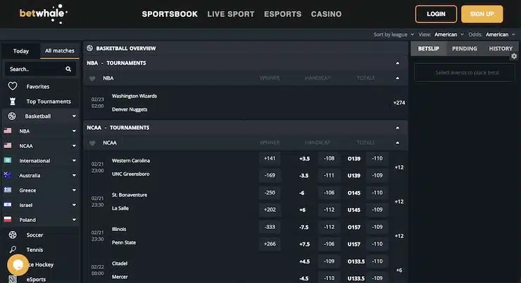 A screenshot of the basketball page at BetWhale