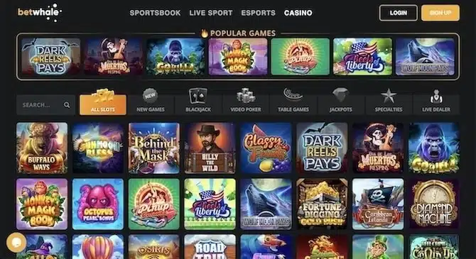 A screenshot of the casino homepage at BetWhale