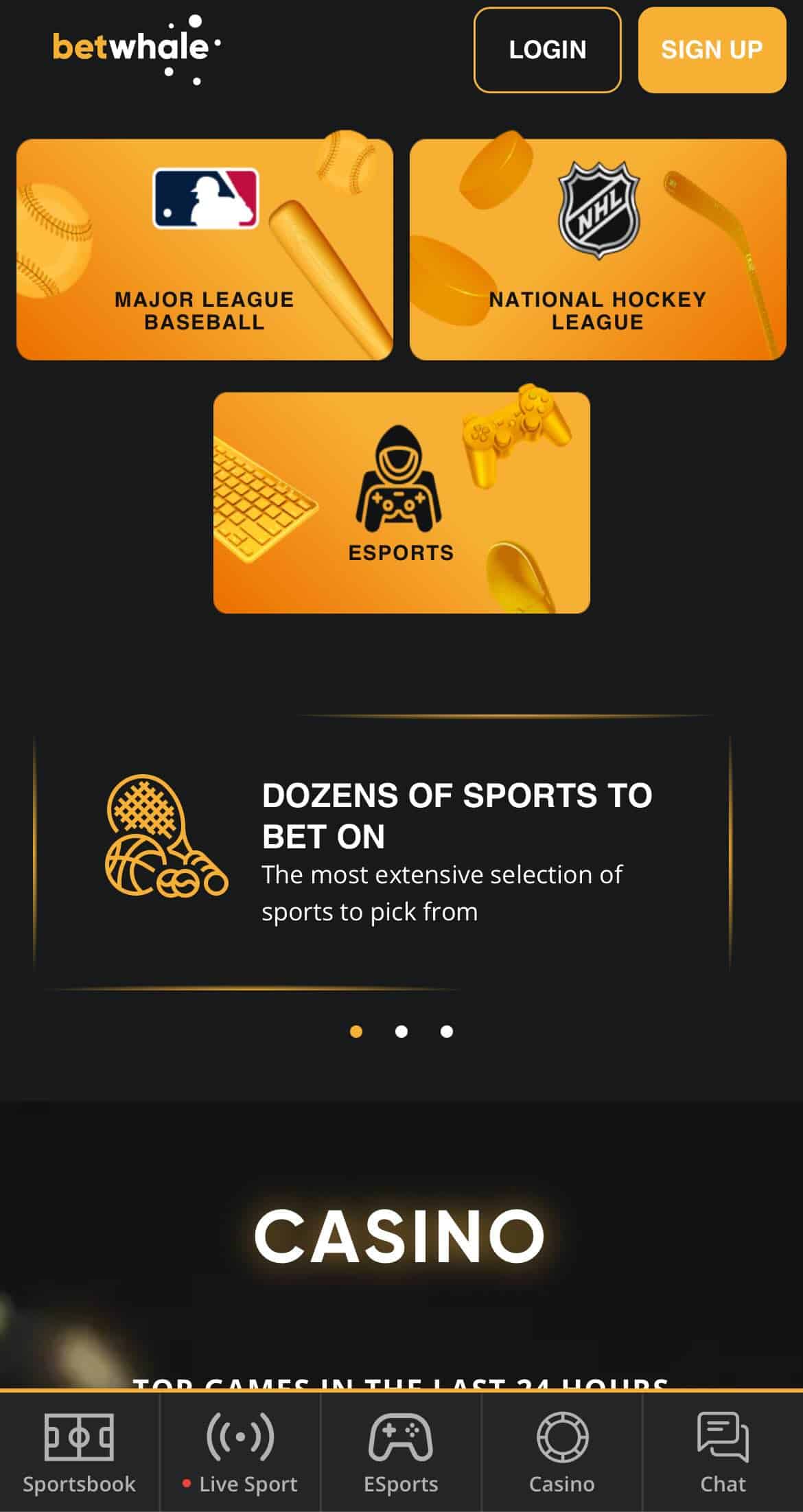 A screenshot of the mobile homepage at the betting site BetWhale