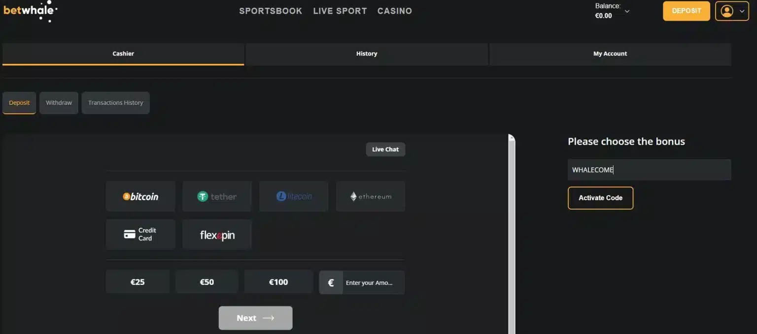 A screenshot of the banking section at the sports betting site and casino BetWhale