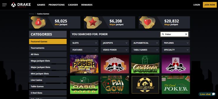 Drake Casino Poker Games and Jackpot Pools