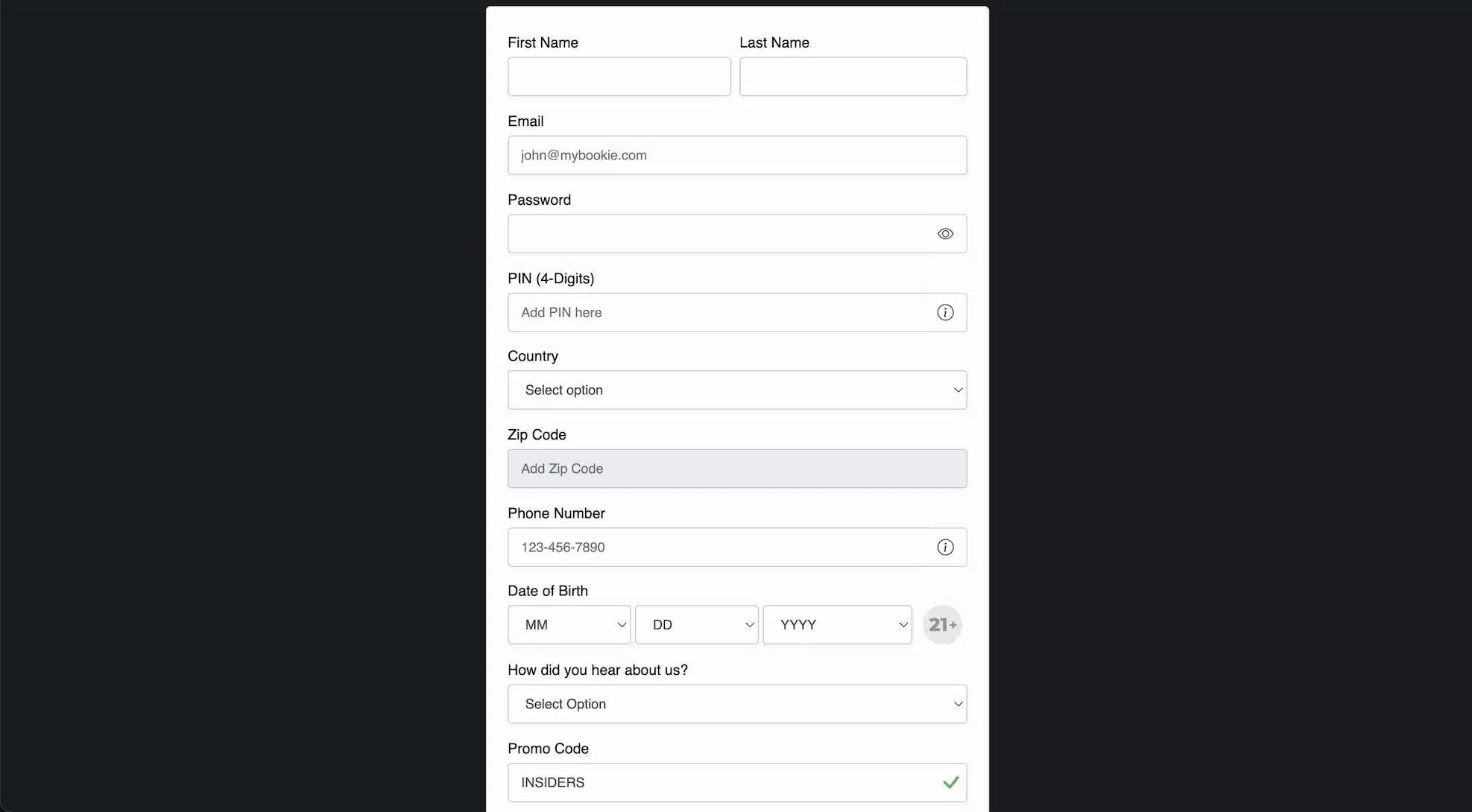 A screenshot of the the MyBookie registration form