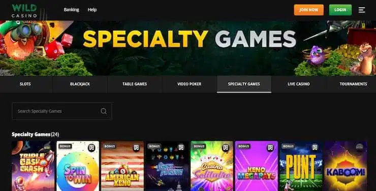 Wild Casino specialty games section