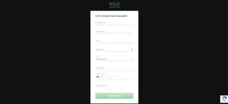 Wild Casino registration form