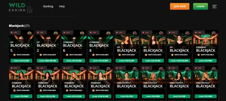 Wild Casino live dealer blackjac page