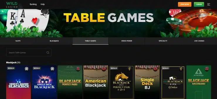 Wild Casino Table Games page