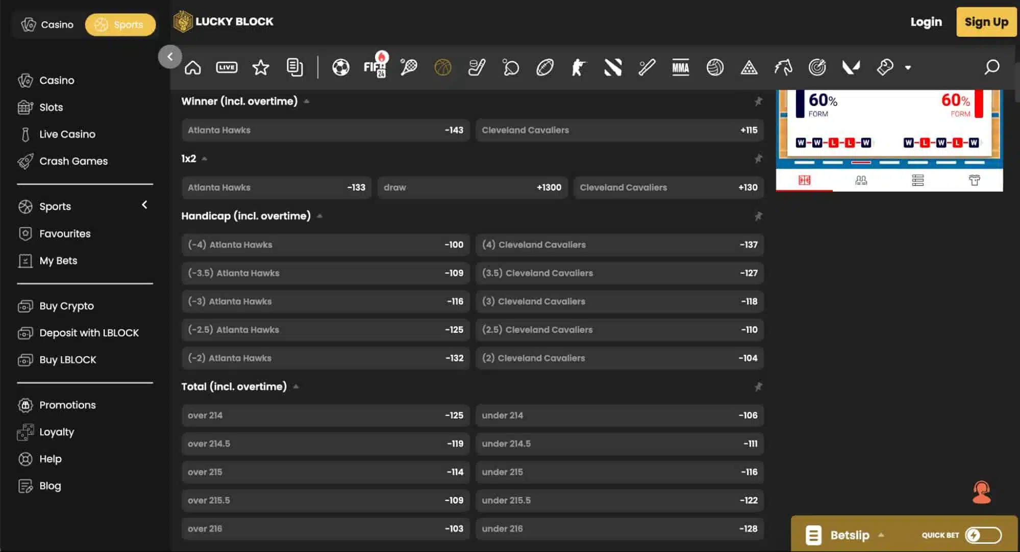 A screenshot of alternate points markets at the sports betting site Lucky Block