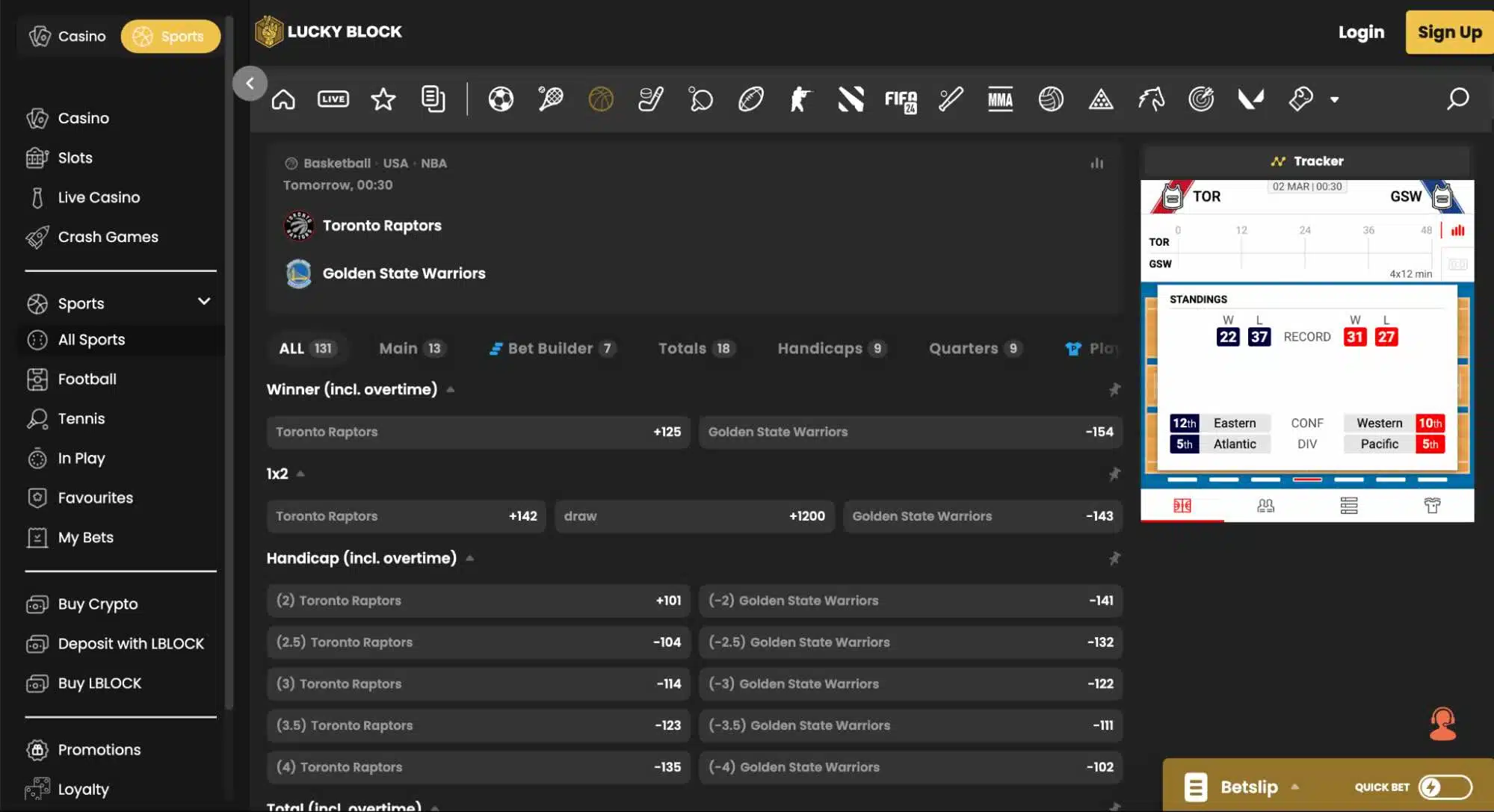 A screenshot of alternate markets at the Lucky Block sportsbook