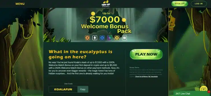 Two Up Casino 250% Welcome Bonus