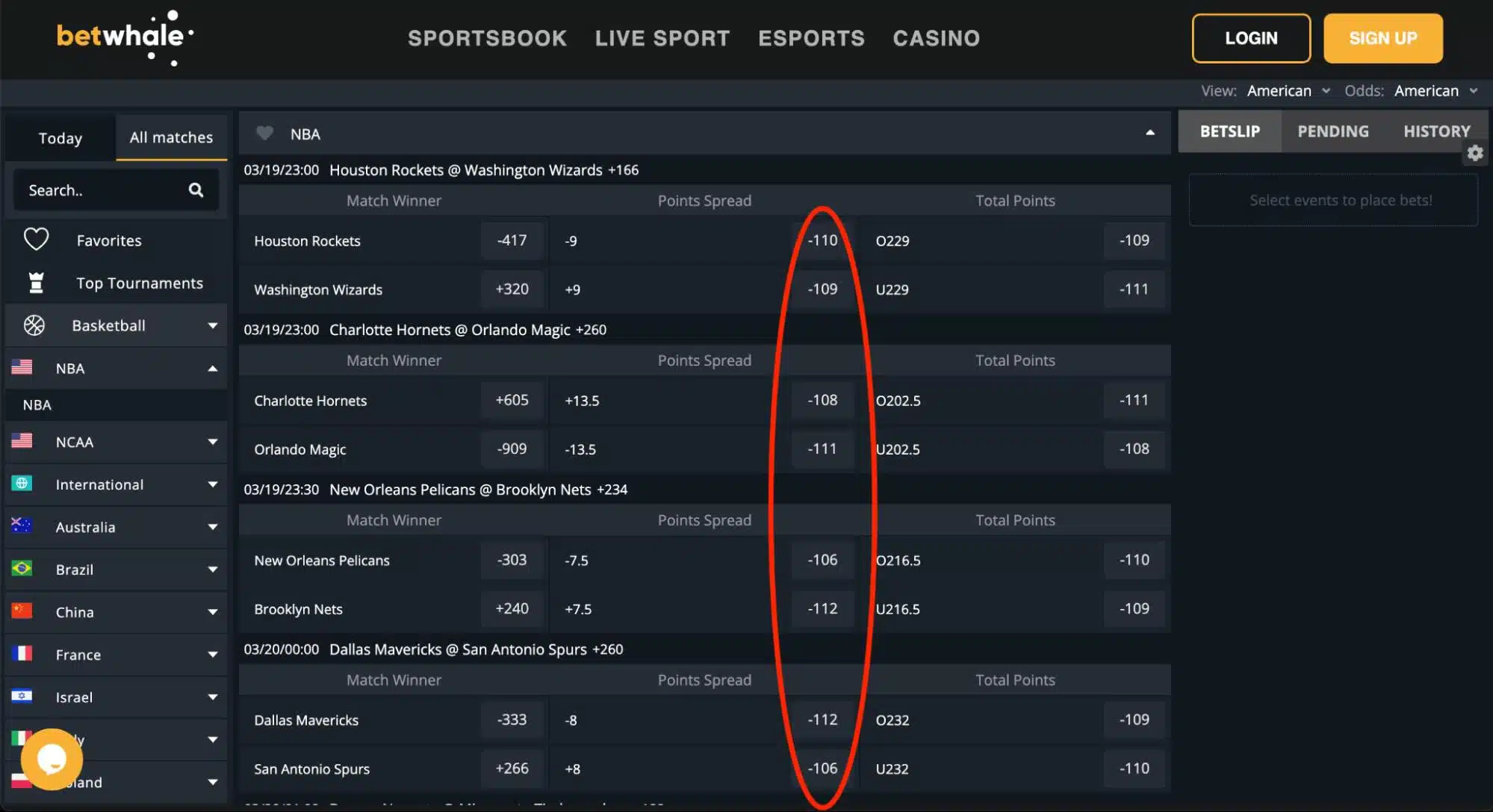 A screenshot of spread odds at the sportsbook BetWhale with a red circle highlighting how spread odds are often around -100