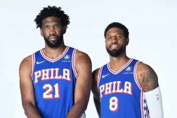 Joel Embiid and Paul George pic